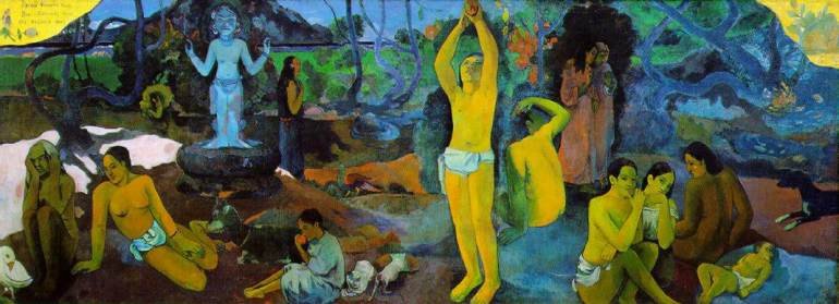 da dove andiamo ecce.jpg - Da dove veniamo? Chi siamo? Dove stiamo andando? è un dipinto del 1898 di Paul Gauguin ad olio su tela (141 x 376 cm), ques'opera fu realizzata nel 1897. Oggi l'opera è conservata al Museum of Fine Arts di Boston.. Fu dipinta dall'artista a Tahiti in un momento assai delicato della sua vita: malato con seri problemi al cuore e sifilitico, in lotta con le autorità locali ed isolato (fisicamente ed artisticamente). Ad aggravare le cose, giunse a Gauguin la notizia della figlia prediletta Aline, morta pochi mesi prima. Il dolore per la perdita spinse l'artista a creare un'opera di grandi dimensioni (la più grande del suo opus) che fosse una riflessione sull'esistenza e, allo stesso tempo, una summa di tutte le sue ricerche cromatiche e formali degli ultimi otto anni. Concepita come il fregio di un tempio (numerosissimi sono i richiami alle figure del Partenone, ai tempi di Giava e alla cultura maori), l'opera va letta da destra a sinistra come un ciclo vitale: non a caso, all'estrema desta è raffigurato un neonato, mentre all'estrema sinistra ci sono una vecchia raggomitolata in sè (identica ad una mummia peruviana vista in gioventù) in attesa della morte, ed uno strano uccello bianco con una lucertola tra le gambe, simbolo della vanità delle parole. Al centro, un personaggio coglie un frutto (richiamo al peccato originale), mentre le due figure di giovani accovacciate su entrambi i lati, e l'idolo blu della dea Hina sul fondo compaiono in molte opere dello stesso periodo.
Gauguin descrisse per la prima volta il quadro in un acquerello in una lettera spedita all'amico Daniel de Monfreid. Dopo alcuni schizzi preparatori, il pittore vi lavorò quasi notte e giorno, imponendosi un ritmo di lavoro frenetico che finì di prostrarlo; fu così che, ritenendosi incapace di finire il dipinto, Gauguin tentò di suicidarsi ingerendo dell'arsenico, ma la dose troppo forte e presa di getto, determinò un forte vomito che annullò l'effetto del veleno. Il dipinto fu poi arrotolato e spedito a Parigi al mercante d'arte Ambroise Vollard, che così stipulò un contratto redditizio col pittore, assicurandosi l'esclusiva della sua opera.
